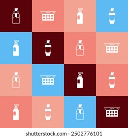 Set pop art Bottle of liquid soap, Makeup powder with mirror, shampoo and Tube hand cream icon. Vector
