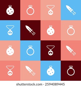 Set pop art Bottle with potion, Magic stone ring, Medallion chain eye and Dagger icon. Vector