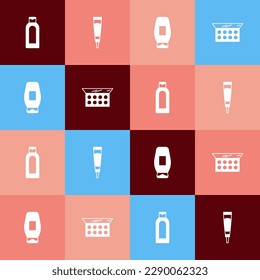 Set pop art Bottle of shampoo, Cream or lotion cosmetic tube,  and Makeup powder with mirror icon. Vector