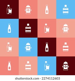 Set pop art Bottle of water with glass, Fire hydrant,  and Big bottle clean icon. Vector