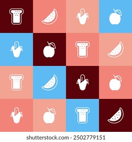 Set pop art Bread toast, Watermelon, Corn and Plum fruit icon. Vector