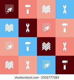 Set pop art Brick wall with trowel, Hammer, Parquet and Wrench spanner icon. Vector