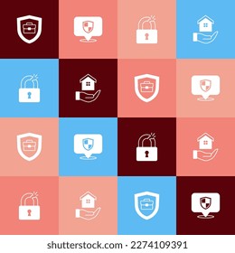 Set pop art Briefcase with shield, Location, Broken or cracked lock and House in hand icon. Vector