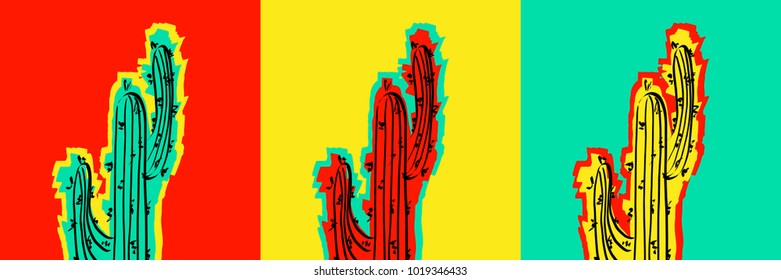 Set of Pop Art Cactus pictures. 
Minimal creative stillife for
card or background in trendy style with glitch effect. 
Template for flat hipster graphic poster, pattern, banner. Vector Illustration