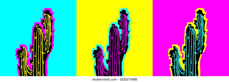 Set of Pop Art Cactus pictures. 
Minimal creative stillife for
card or background in trendy style with glitch effect. 
Template for flat hipster graphic poster, pattern, banner. Vector Illustration