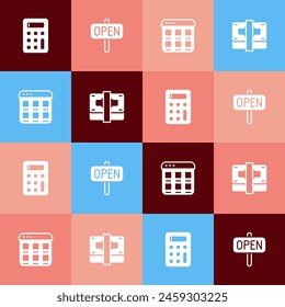 Set pop art Calculator, Hanging sign with text Open, Online shopping on screen and Stacks paper money cash icon. Vector