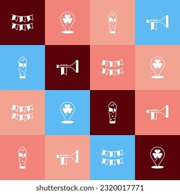 Set pop art Carnival garland with flags, Clover trefoil leaf, Glass of beer and Trumpet icon. Vector