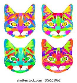 Set of pop art cats, geometric portrait of animal, can be used to design for T-shirt, card, poster, invitation. Vector illustration 