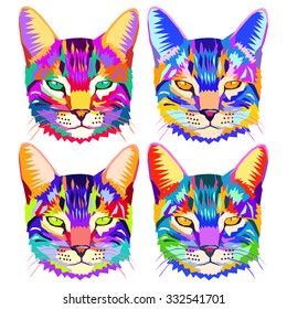 Set of pop art cats, geometric portrait of animal, can be used to design for T-shirt, card, poster, invitation. Vector illustration 