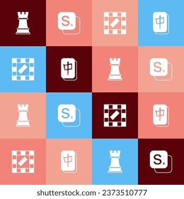 Set pop art Chess, Bingo, Board game and Mahjong pieces icon. Vector