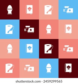 Set pop art Chicken egg on a stand, Cookbook, Cutting board knife and Kitchen meat grinder icon. Vector