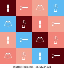 Set pop art herramienta de cincel, sierra de mano, tocón de árbol y guantes de protección icono. Vector