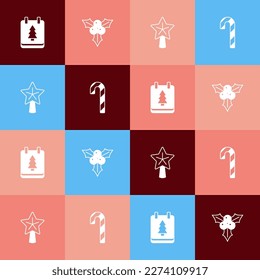 Set pop art Christmas day calendar, Branch viburnum, star and Candy cane with stripes icon. Vector