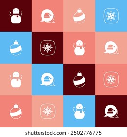 Set pop art Christmas snowman, Santa Claus hat, ball and Snowflake icon. Vector
