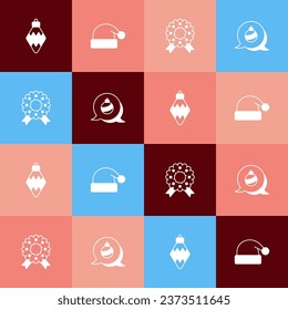 Set pop art Christmas toy, Santa Claus hat, wreath and ball icon. Vector