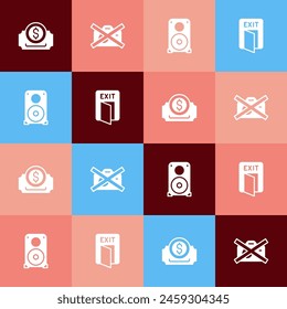 Set pop art Cinema ticket, Prohibition no video recording, Stereo speaker and Fire exit icon. Vector