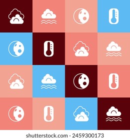 Set pop art Cloud, Fog and cloud, Moon phases and Thermometer icon. Vector