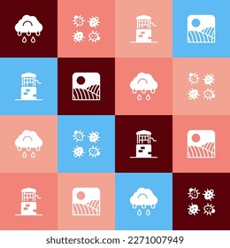 Set pop art Cloud with rain, Colorado beetle, Well and Agriculture wheat field farm icon. Vector