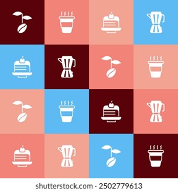 Set pop art Coffee beans, cup to go, Piece cake and maker moca pot icon. Vector