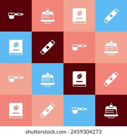 Set pop art Coffee filter holder, Piece cake, book and Sugar stick packets icon. Vector