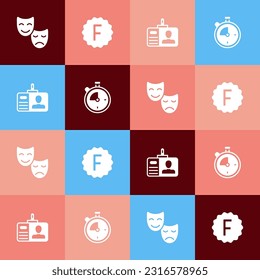 Set pop art Comedy and tragedy masks, Exam paper with incorrect answers, Identification badge and Stopwatch icon. Vector