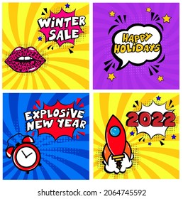 Set of pop art comic happy new year vector illustration. Decorative set of backgrounds for Happy New Year. Christmas illustration in retro comic style. New Year background.