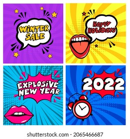 Set of pop art comic happy new year vector illustration. Decorative set of backgrounds for Happy New Year. Christmas illustration in retro comic style. New Year background.