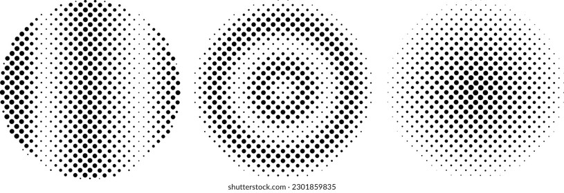 Set of pop art comic style gray circle halftone isolated on white background Vector. Monochrome printing raster. Dotted illustration. Abstract vector halftone background. Dot spray gradation vector 
