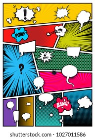 Set Of Pop Art Comics Book Magazine Cover Template. Cartoon Funny Vintage Strip Comic Superhero Text, Speech Bubble, Balloon, Box Message, Burst Bomb, Halftone. Blank Graphic. Vector Illustration