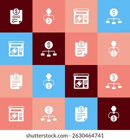 Set pop art Contract money, Business investor, Online shopping screen and Hierarchy with dollar icon. Vector