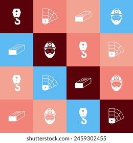 Set pop art Gancho de grúa, guía de la paleta de colores, icono de ladrillo y constructor. Vector