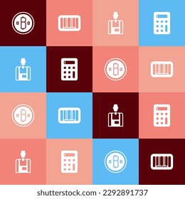 Set pop art Cryptocurrency coin Bitcoin, Barcode, Seller and Calculator icon. Vector