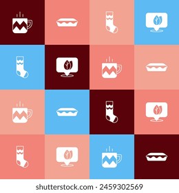 Set pop art Cup of tea, Homemade pie, Socks and Location with leaf icon. Vector