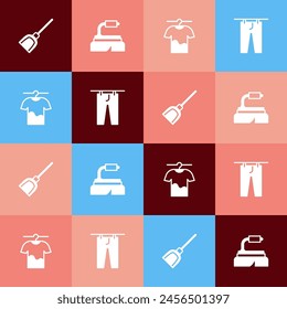 Set pop art Dustpan, Brush for cleaning, Drying clothes and  icon. Vector
