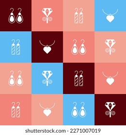 Set pop art Earrings, Stud earrings,  and Necklace with heart shaped icon. Vector