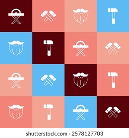 Set pop art Electric circular saw, Crossed hammer, Mustache and beard and Hammer icon. Vector