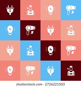Set pop art Electric plug, Electrician, Creative lamp light idea and Hair dryer icon. Vector