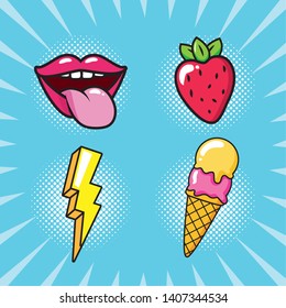 set pop art elements mouth strawberry ice cream thunderbolt vector illustration