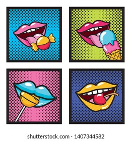 set pop art elements mouths candy lollipop ice cream cherry vector illustration