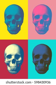 Set of pop art engraved skull vector illustration in front view 