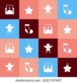 Set pop art Envelope, Christmas star, Holiday gingerbread man cookie and stocking icon. Vector