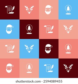 Set pop art Envelope, Reindeer, Santa Claus hat and beard and Christmas tree icon. Vector