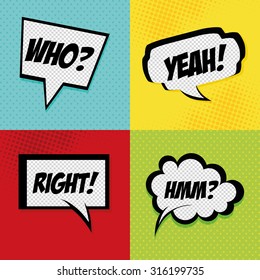 Set of pop art expressions on different colored background