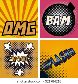 Set of pop art expressions on different colored backgrounds
