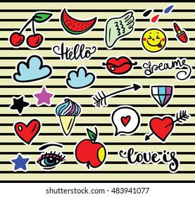 Set of Pop art fashion patches, pins, badges and stickers
