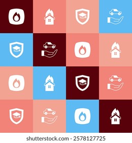 Set pop art Fire flame, in burning house, Graduation cap with shield and Car insurance icon. Vector