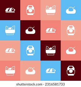 Set pop art Fish with sliced pieces, Asian noodles in paper box, Wonton and Mochi icon. Vector