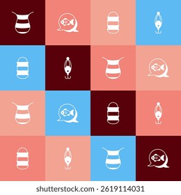 Set pop art Fishing net,  and lure icon. Vector
