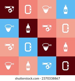 Set pop art Fishing rod, Carabiner, net and Bottle of vodka icon. Vector