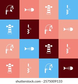 Set pop art Fishing rod and fish, skeleton, Lighthouse and Hand ice drill icon. Vector